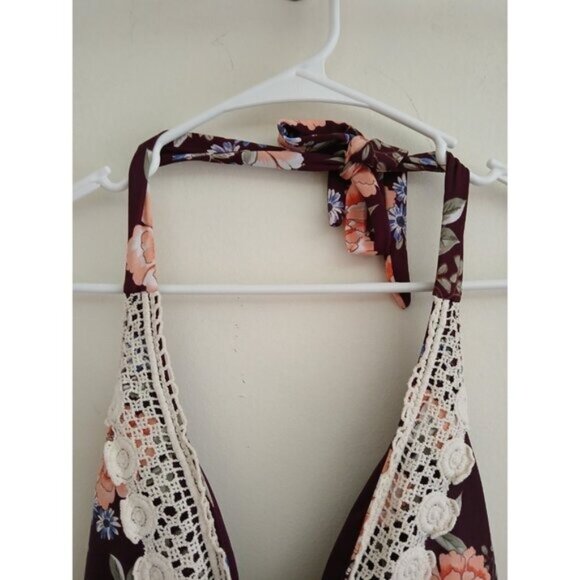 Kona Sol Floral One Piece Swimsuit Plunge Crochet Trim Halter Boho Retro M - Picture 3 of 8